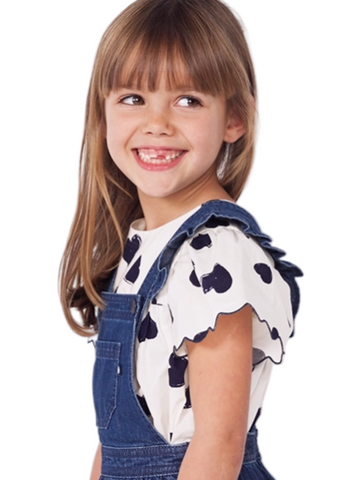 Painted Hearts Print Flutter Sleeve Blouse in Cream + Navy