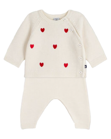 Embroidered Hearts Long Sleeve Sweater + Pants 2 Piece Set in White + Red