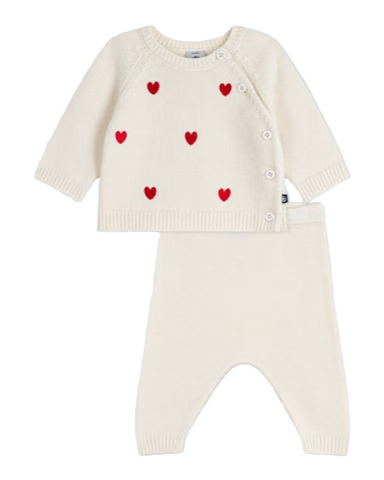 Embroidered Hearts Long Sleeve Sweater + Pants 2 Piece Set in White + Red