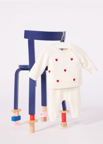 Embroidered Hearts Long Sleeve Sweater + Pants 2 Piece Set in White + Red