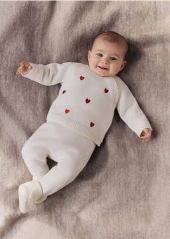 Embroidered Hearts Long Sleeve Sweater + Pants 2 Piece Set in White + Red