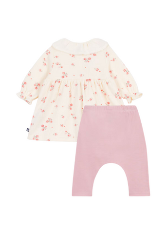 Wildflowers Print Long Sleeve Collared Dress + Legging Set in Cream + Pink