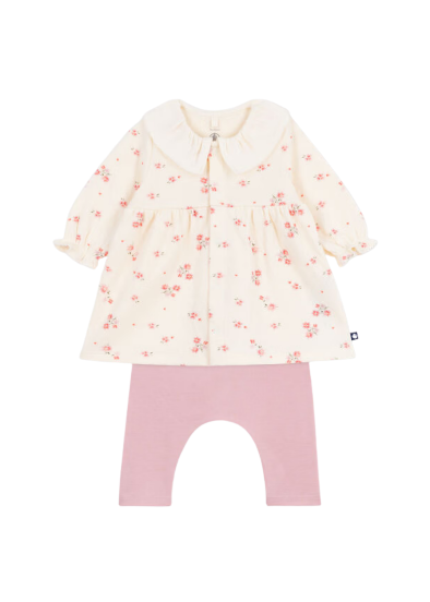 Wildflowers Print Long Sleeve Collared Dress + Legging Set in Cream + Pink