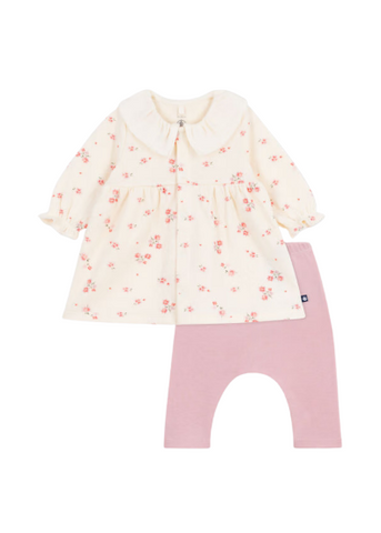 Wildflowers Print Long Sleeve Collared Dress + Legging Set in Cream + Pink