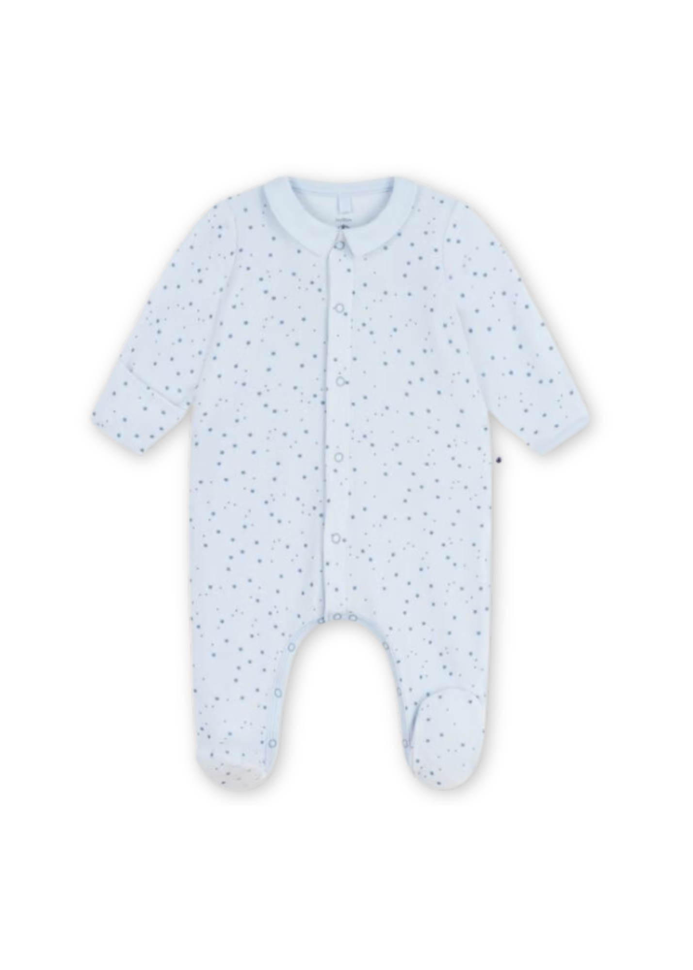 Star Print Collared Long Sleeve Velour Front Snap Footie in Blues