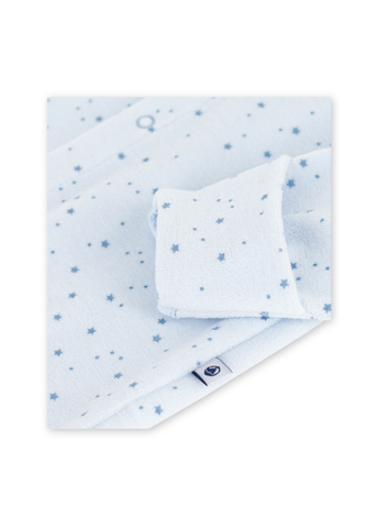 Star Print Collared Long Sleeve Velour Front Snap Footie in Blues