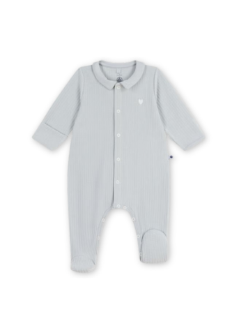 Collared Long Sleeve Velour Front Snap Footie in Blue