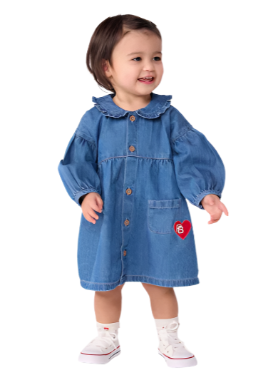 Collared Long Sleeve Chambray Dress with Pockets in Blue