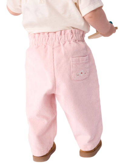Embroidered Flowers Corduroy Pants in Pink + White