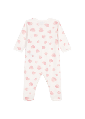 Watercolor Hearts Print Long Sleeve Brushed Fleece Front Snap Footie in White + Pink