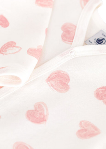 Watercolor Hearts Print Long Sleeve Brushed Fleece Front Snap Footie in White + Pink