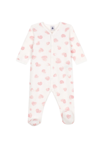 Watercolor Hearts Print Long Sleeve Brushed Fleece Front Snap Footie in White + Pink