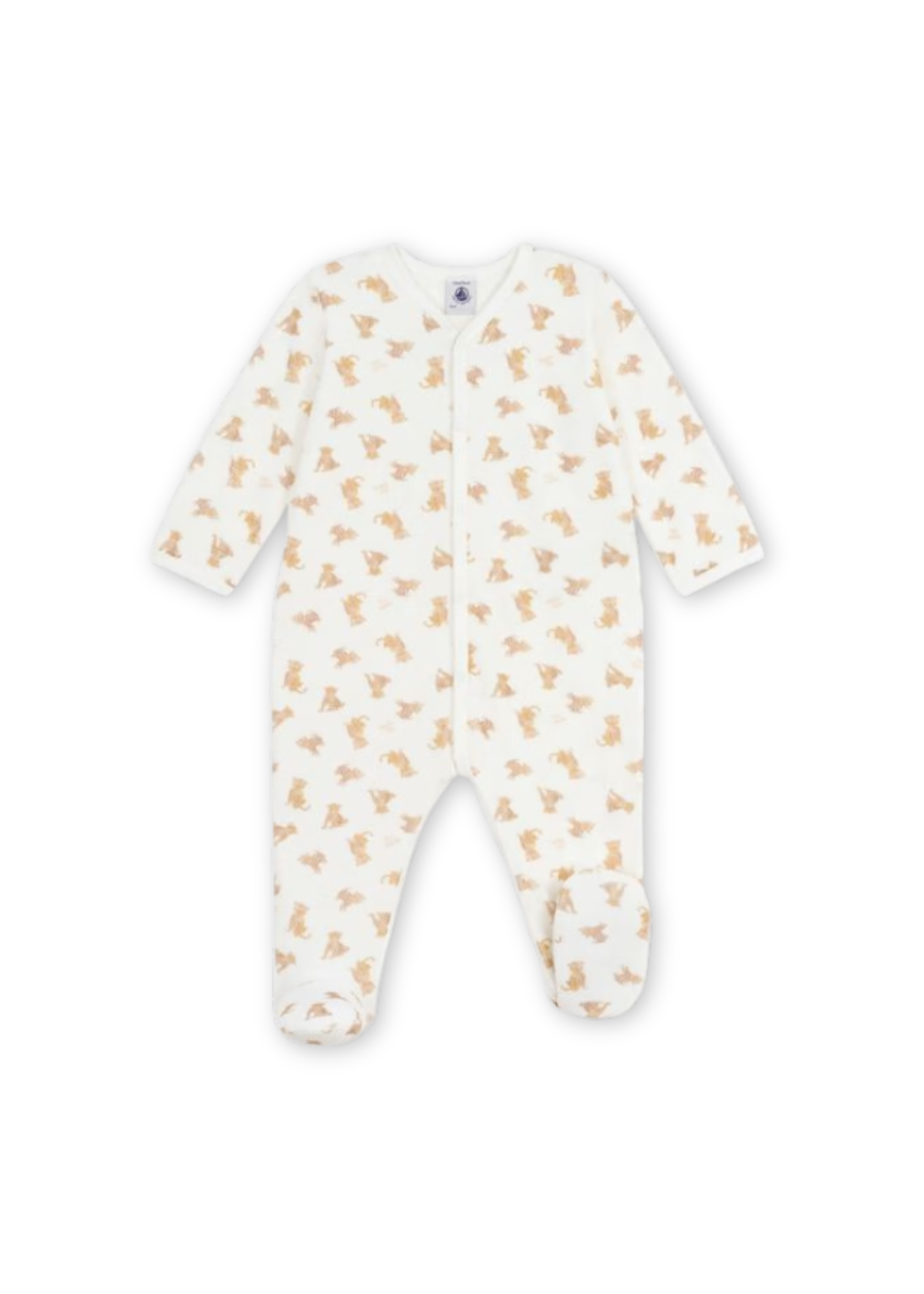 Leopard Print Long Sleeve Velour Front Snap Footie in White + Beige