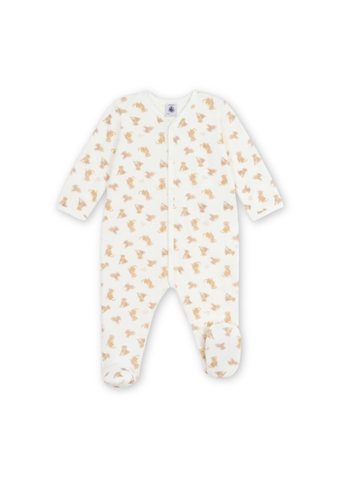 Leopard Print Long Sleeve Velour Front Snap Footie in White + Beige