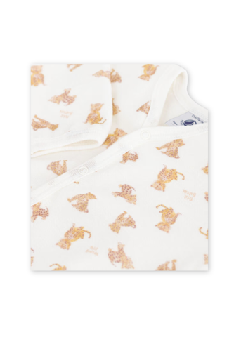 Leopard Print Long Sleeve Velour Front Snap Footie in White + Beige