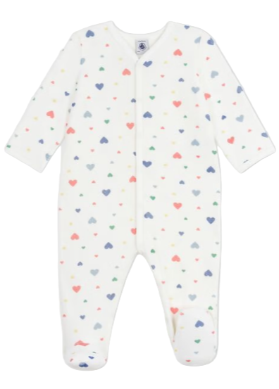 Scattered Hearts Print Long Sleeve Velour Front Snap Footie in White, Red + Blue