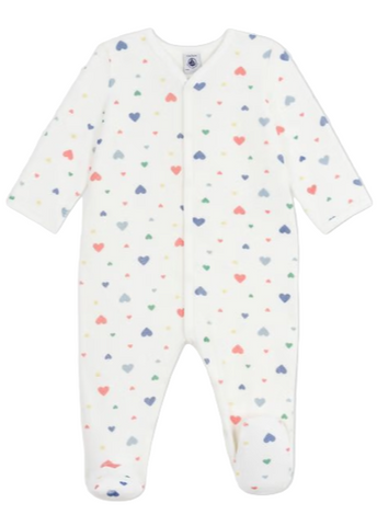 Scattered Hearts Print Long Sleeve Velour Front Snap Footie in White, Red + Blue