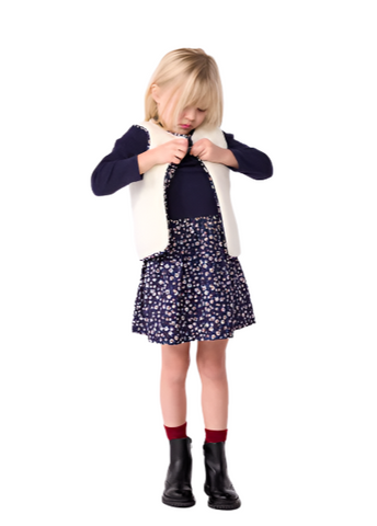 Dot Flowers Print Reversible Cotton Poplin + Sherpa Vest in Navy