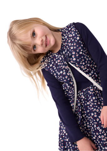 Dot Flowers Print Reversible Cotton Poplin + Sherpa Vest in Navy