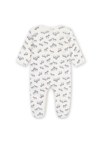 Zebra Print Long Sleeve Velour Front Snap Footie in White + Blue