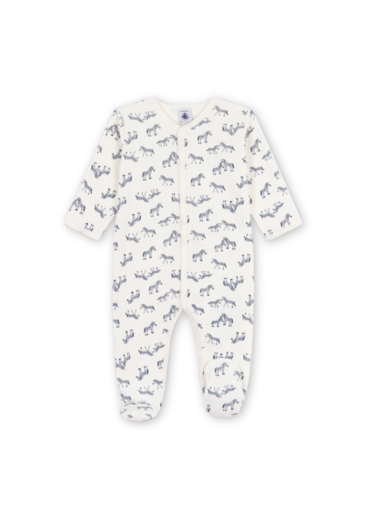 Zebra Print Long Sleeve Velour Front Snap Footie in White + Blue