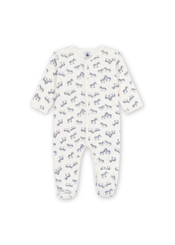 Zebra Print Long Sleeve Velour Front Snap Footie in White + Blue