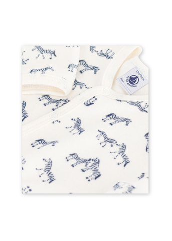 Zebra Print Long Sleeve Velour Front Snap Footie in White + Blue