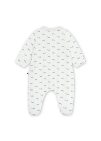 Whale Print Collared Long Sleeve Velour Front Snap Footie in White + Blue