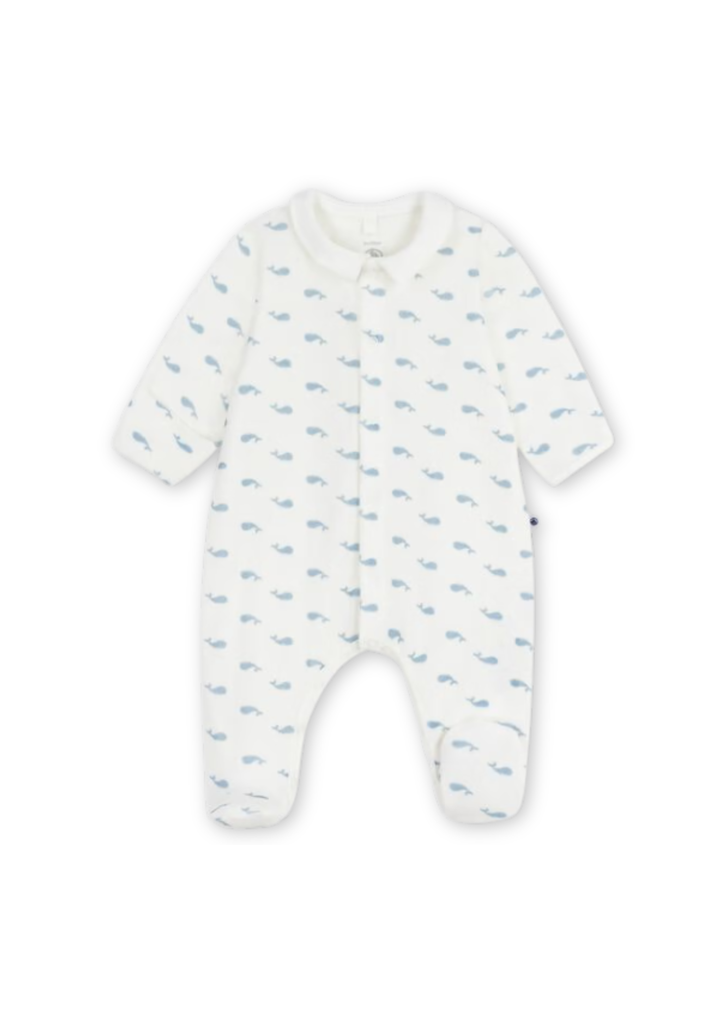 Whale Print Collared Long Sleeve Velour Front Snap Footie in White + Blue