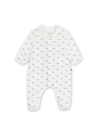 Whale Print Collared Long Sleeve Velour Front Snap Footie in White + Blue