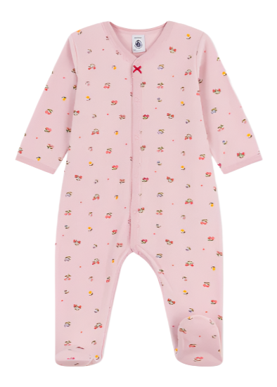 Little Flowers Print Long Sleeve Velour Front Snap Footie in Dusty Pink