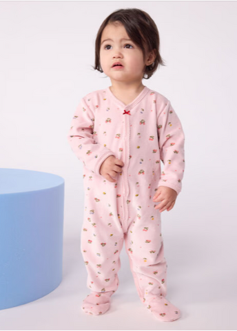 Little Flowers Print Long Sleeve Velour Front Snap Footie in Dusty Pink