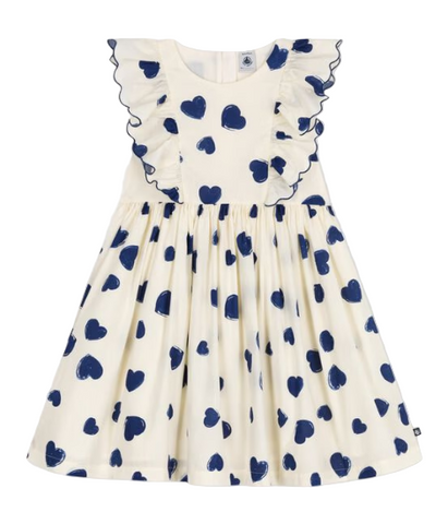 Painted Hearts Print Flutter Sleeve Dress in Cream + Navy