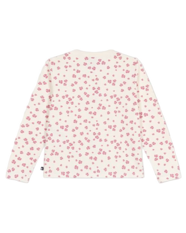 Colored Blossom Print Long Sleeve Button Snap Cardigan in White + Pink