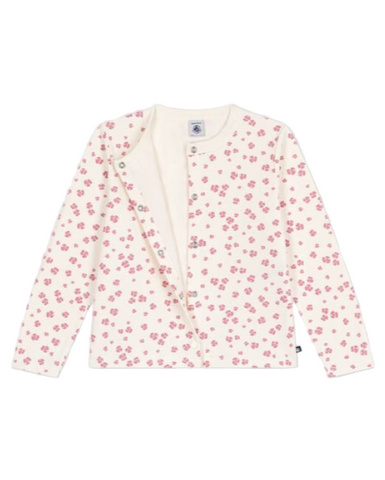 Colored Blossom Print Long Sleeve Button Snap Cardigan in White + Pink