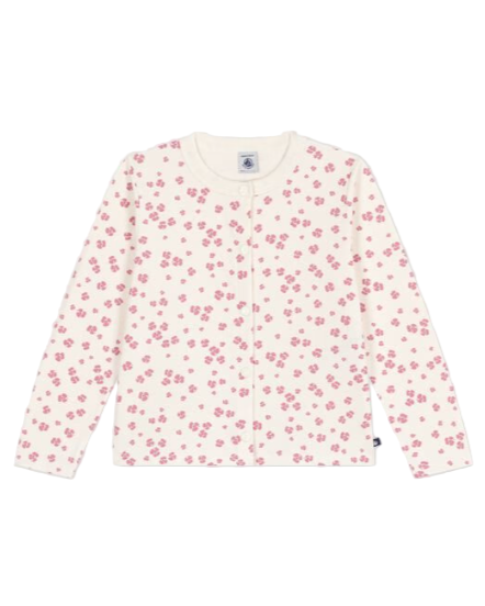 Colored Blossom Print Long Sleeve Button Snap Cardigan in White + Pink