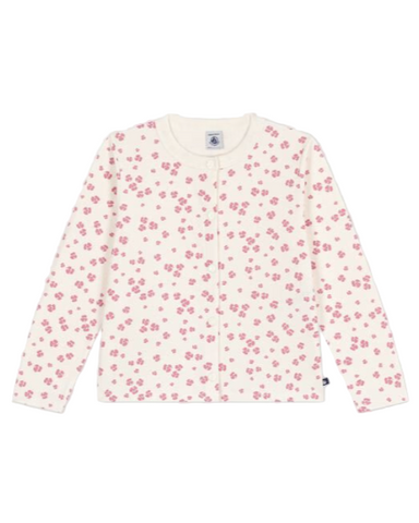 Colored Blossom Print Long Sleeve Button Snap Cardigan in White + Pink