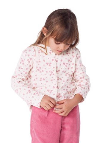 Colored Blossom Print Long Sleeve Button Snap Cardigan in White + Pink