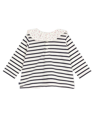 Sailor Stripe Long Sleeve Blouse with Ruffle Collar in White + Navy