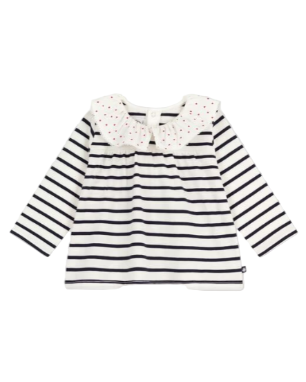 Sailor Stripe Long Sleeve Blouse with Ruffle Collar in White + Navy
