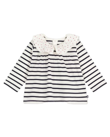 Sailor Stripe Long Sleeve Blouse with Ruffle Collar in White + Navy