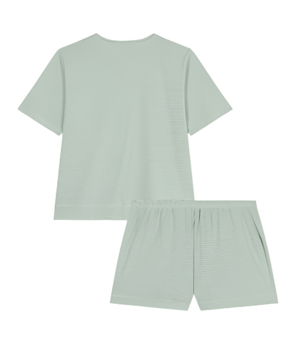 Striped Short Sleeve Top + Shorts Loungewear Set in Green + White