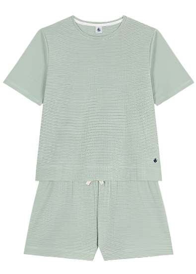 Striped Short Sleeve Top + Shorts Loungewear Set in Green + White