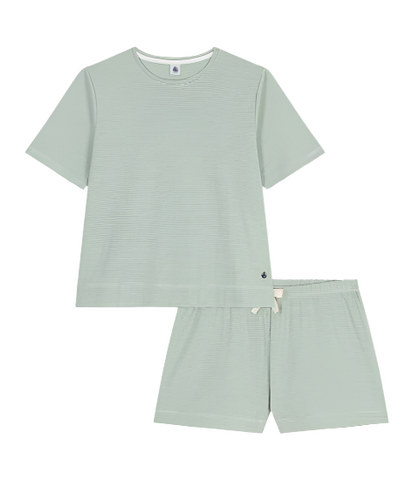 Striped Short Sleeve Top + Shorts Loungewear Set in Green + White