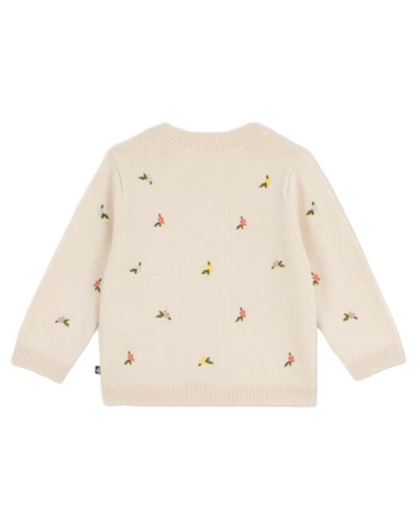 Tiny Flowers Embroidered LS Wool-Cotton Blend Pullover Sweater in Cream
