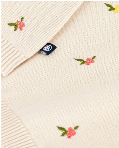 Tiny Flowers Embroidered LS Wool-Cotton Blend Pullover Sweater in Cream