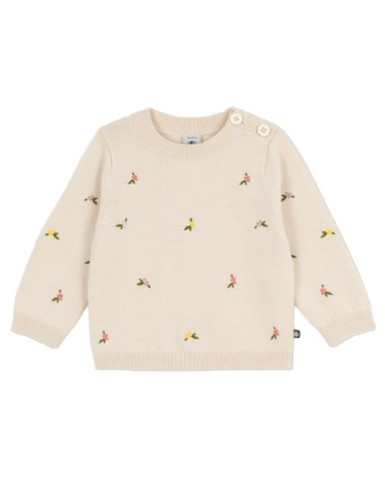 Tiny Flowers Embroidered LS Wool-Cotton Blend Pullover Sweater in Cream