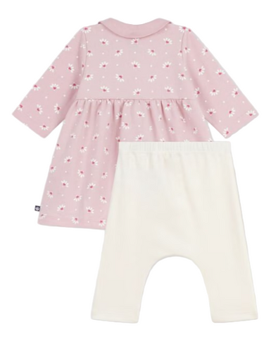 Little Heart Flower Print Long Sleeve Collared Dress + Legging Set in Pink + White