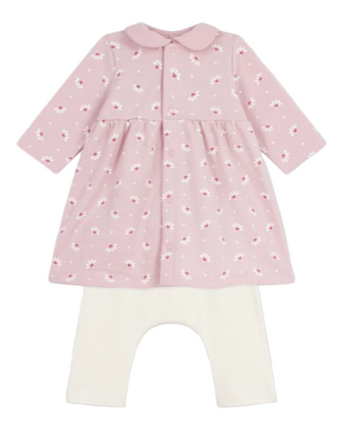 Little Heart Flower Print Long Sleeve Collared Dress + Legging Set in Pink + White