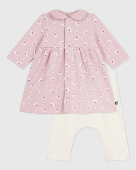 Little Heart Flower Print Long Sleeve Collared Dress + Legging Set in Pink + White